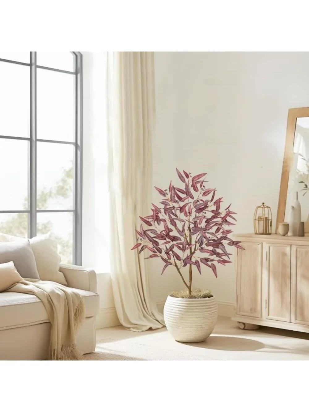 4ft Realistic Eucalyptus Tree - Silk Potted Floor Plant for Fall Decor, Burgundy